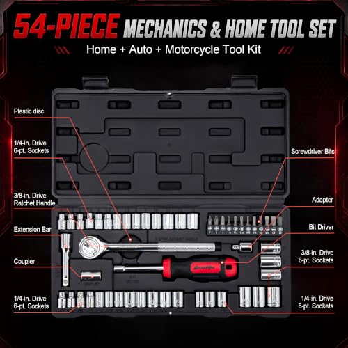 DuraMax Socket Set, 54-Piece Mechanic Tool Set with 1/4 & 3/8 Inch Drive SAE & Metric Sockets, Ratchet Wrench, Torx & Hex Bit Set, Extension Bar, Adapter and Storage Case