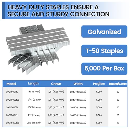 meite 9/16" Galvanized T-50 Staples - 5,000 Counts and Assorted 3 Sizes (1/4", 3/8", 1/2") Stainless Steel T-50 Staples - 2,520 Counts