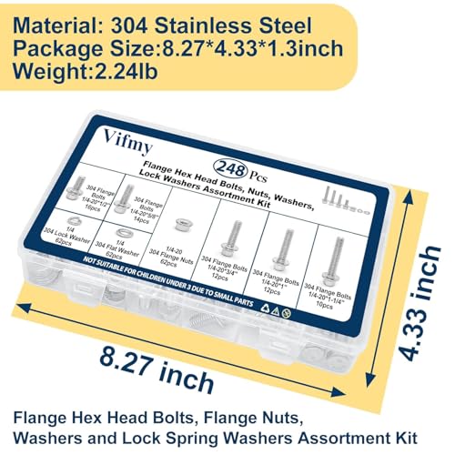 1/4-20 Flange Bolts & Nuts Assortment Kit 304 Stainless Steel 248Pcs SS SAE 1/4 248