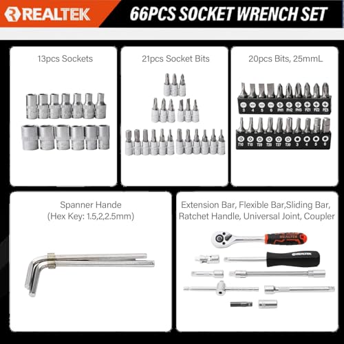 REALTEK 66Pcs 1/4 Drive Impact Metric 6 Point Socket Set with Case 66 Pieces 1/4" Drive Socket Set