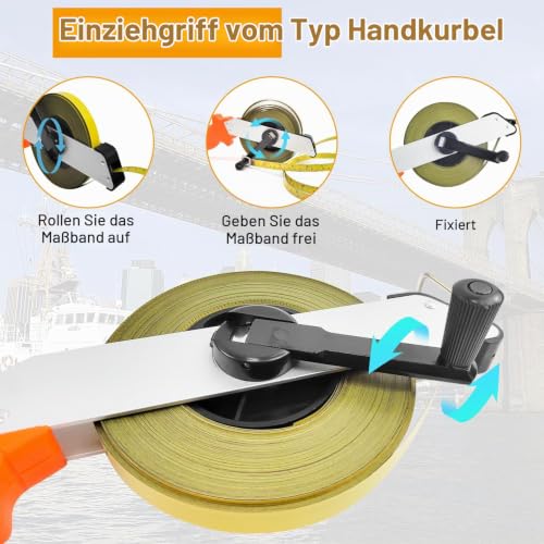 50M Steel Tape Measure with Ergonomic Handle | Langes 50-m-Stahlband mit gut greifbarem Gehäuse für Streckenmessungen auf Baustellen, im Garten und bei Außenarbeiten.