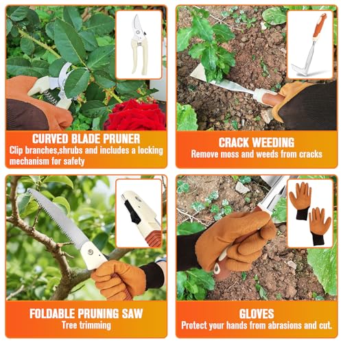Garden Tool Set - 10 PCS Heavy Duty Stainless Steel Gardening Tools Set with Storage Bag, Gardening Kit Ideal Gardening Gifts for Women & Men, Indoor/Outdoor Use for Digging, Planting, Pruning