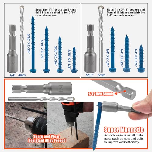 200Pcs 3/16" 1/4" Hex Head Concrete Screws with Drill Bit and Driver bit 200Pcs 1-1/4" to 2-3/4" Slotted Hex Head