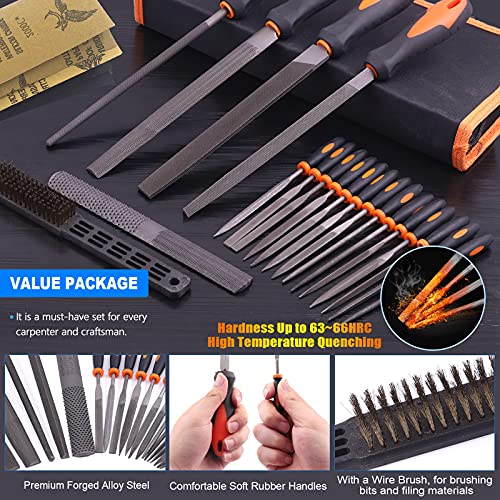 Glarks 25Pcs Hand Metal File Set Include 4Pcs Flat/Triangle/Half-round/Round Large File, 12pcs Needle Files, 1 brush, 4pcs Sandpaper and 4 Way Wood Rasp File for Shaping Metal, Wood, and Tools