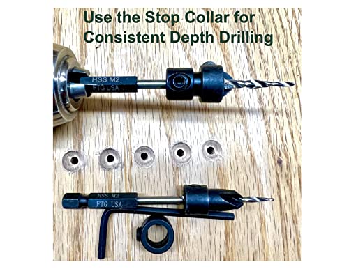 FTG USA Wood Countersink Drill Bit Set Sizes 6 8 10 12 Countersink Tapered Drill Bits, 2 Wood Plug Cutter for Sizes 3/8" and 1/2", 2 Stop Collars, 1 Allen Wrench, and 6 Storarage Containers