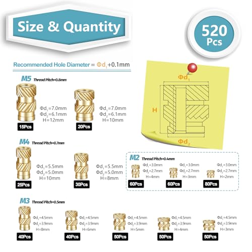 Kadrick 520Pcs M2 M3 M4 M5 Threaded Inserts Assortment Kit + Heat Set Insert Tool for 3D Printing Components