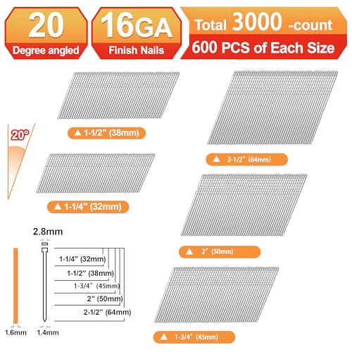 16 Gauge 20°Finish Nails,2-1/2",2",1-3/4",1-1/2",1-1/4":3000pcs Assembly--3000Pcs