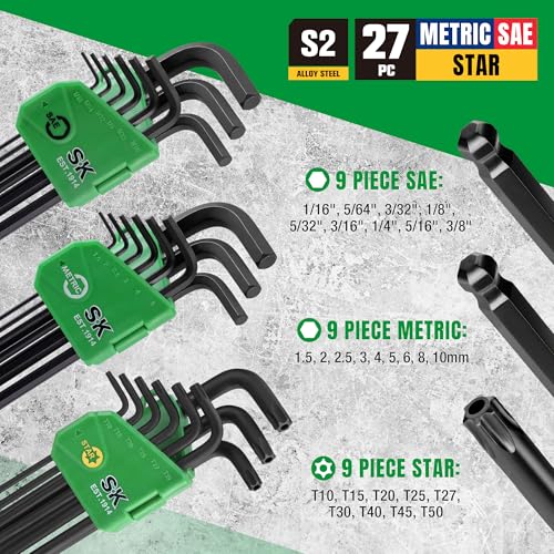 SK Allen Wrenches Sets, 18-Piece Metric/SAE/Star Hex Key Set, S2 Steel