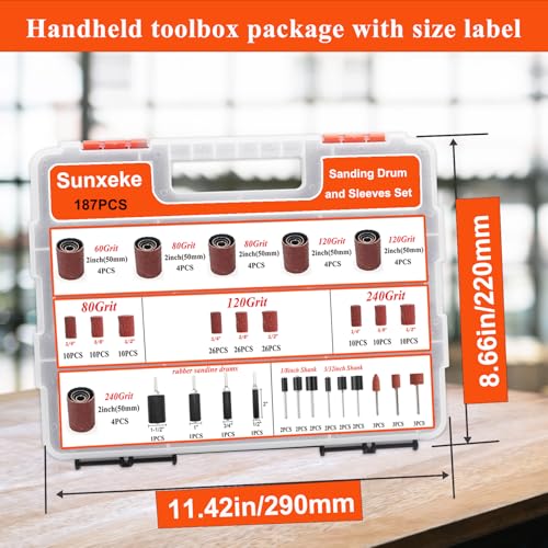 187-Piece Sanding Drum Kit for Drill & Drill Press – Includes 2inch Spindle Sander Sleeves (60/80/120/240 Grit), 4 Rubber Sanding Drums, 1/4-Inch Shank,Versatile Sander Accessory with Box