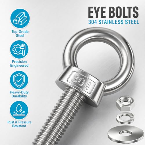 4 Pack M12 Stainless Steel Eye Bolts with Nuts and Washers, 1/2" x 4" Long Lifting Ring Eye Bolt, Heavy Duty Marine Grade 304 Eyebolts for Outdoor String Light Hanging, Tie Down Anchors M12x102mm (1/2"x4")