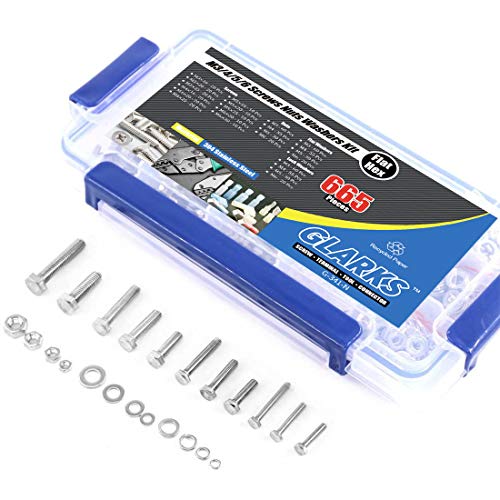 Glarks 665Pcs M3 M4 M5 M6 Stainless Steel Flat Hex Head Screws Bolts Nuts and Flat Gasket Spring Washers Assortment Set