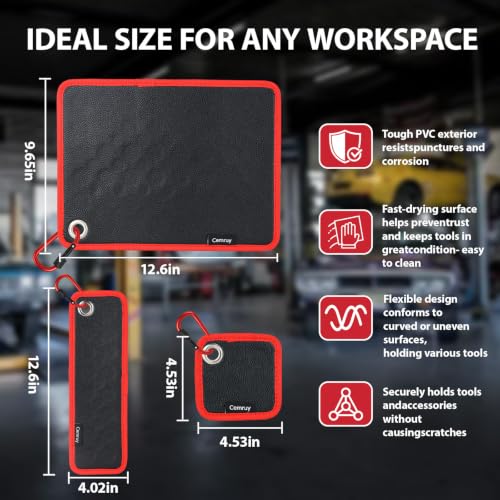 3Pcs Magnetic Tool Mat&Carabiner,Storage Organizer for Auto,Wrench,Screw Red 3-Piece Set with Hooks