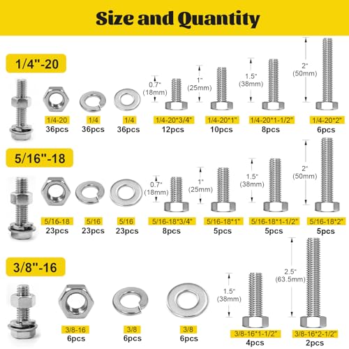 490Pcs Metric M4 Hex Socket Head Cap Screw Bolts Kit & 260PCS SAE 1/4-20, 5/16-18, 3/8-16 Hex Bolts Assortment Kit
