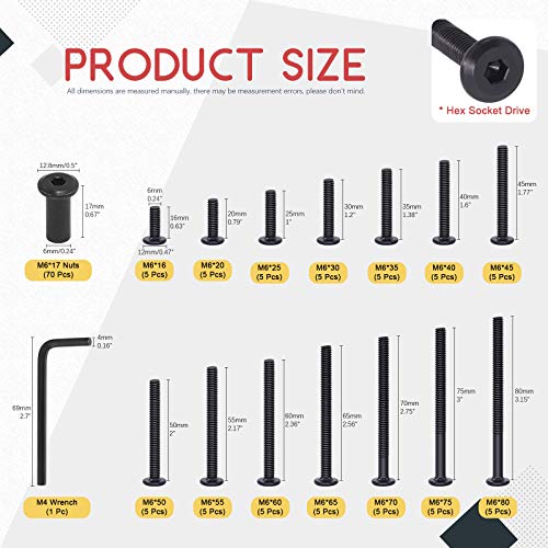 Hilitchi M6 Hex Drive Socket Cap Bolts Kit Countersunk Head Screws Bolts Dowel Barrel Nuts Crib Bolts Nuts Assortment Kit for Furniture Hardware Fitting (16-80mm Assortment Kit-140PCS) 16-80mm Assortment Kit-140PCS