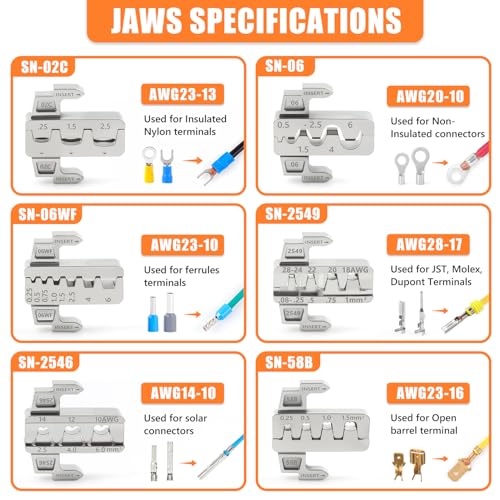 Wire Crimping Tool Kit 7Pcs Ratchet Wire Crimper for Insulated Nylon Connector,Non-Insulated Butt Connectors Ring Terminals,Open Barrel Terminals,Solar Connectors - Crimp Tool with 6 Dies 6PCS Crimping Tool Set