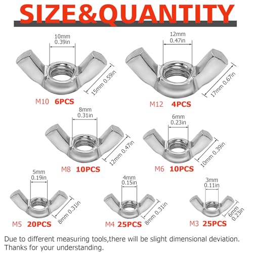 200 PCS Butterfly Wing Nuts Assortment Kit, SAE Metric 13 Sizes Carbon Steel Wing Nuts Fasteners, 1/4"-20, 5/16"-18, 3/8"-16, #6, #8, #10, M3, M4, M5, M6, M8, M10, M12