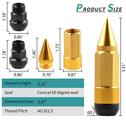 20PCS M12x1.5 Anti Theft Wheel Spikes Lug Nut Gold