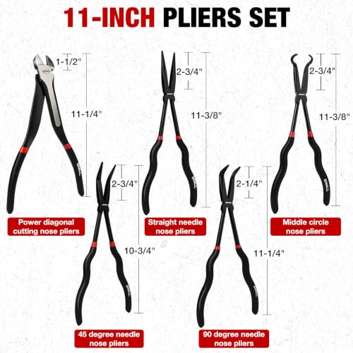 SHALL 5-Piece 11-Inch Long Reach Needle-Nose Pliers Set with Storage Pouch