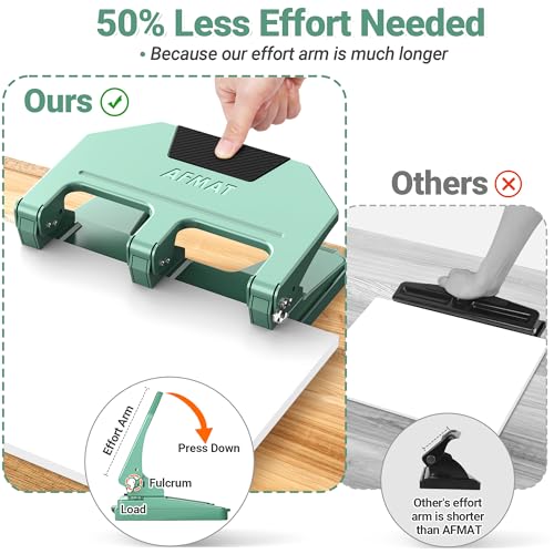AFMAT 3 Hole Punch, 9/32" Holes, 40-Sheet 3 Hole Puncher for Binder, 50% Reduced Effort, Metal Heavy Duty Three Hole Punch w/ 10,000+ Uses, Bulit-in S.S. Paper Guide, Large Chip Tray, Green, HPX3 40-Sheet Capacity