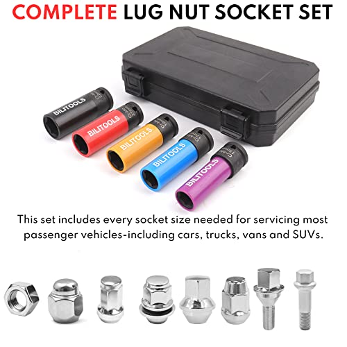 BILITOOLS 1/2 inch Drive Impact Lug Nut Socket Set, 15 17 19 21 22 MM & 17-19 - 21 mm & SAE 13/16-7/8 inch Non-Marring Thin Wall Wheel Nut Socket