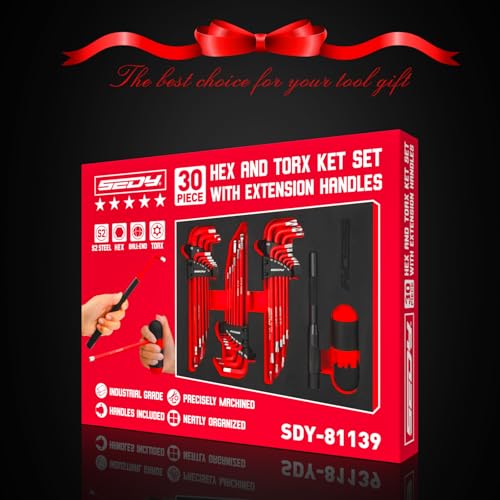 SEDY 30-Piece Long Arm Ball End L-Hex & Torx Key Set with Grip Handle, Ultimate Hex Key Wrench Set with T-Handle and Extension Bars, SAE 1/16" to 3/8", Metric 1.5mm to 10mm, Torx T10 to T50 30-Piece Set (with T-Handle)
