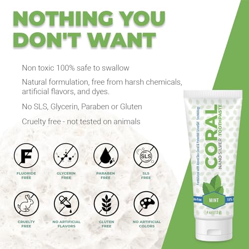 Coral White Nano Silver Mint Toothpaste, Natural Fluoride Free Teeth Whitening Toothpaste, Coral Calcium Nano Silver Infused SLS, Glycierin Free 4 Ounce (2 Pack) 4 Ounce (Pack of 2)