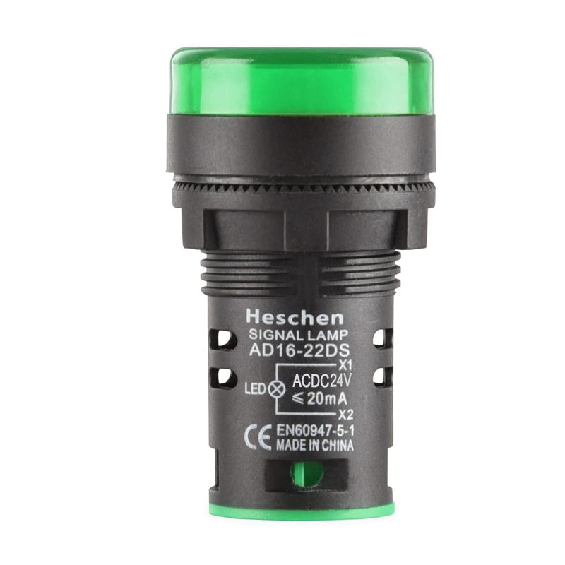 Heschen AD16-22D/S LED Indicator Light 22mm 24V DC 20mA Green Color Pack of 5