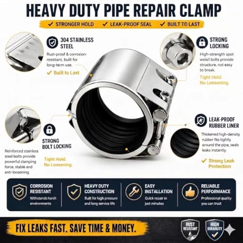 Pipe Repair Clamp,2.5 inch (60mm-65mm)）Stainless Steel Leak Sealer, Heavy Duty Pipe Leak Repair Kit for Metal & PVC Pipes, for Burst & Crack Water Pipe Emergency Maintenance 60mm-65mm/2.5 inch