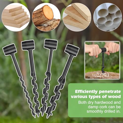 4 Pcs Hand Auger Wood Drill, Bushcraft Hand Auger Wrench Scotch Eye Wood Auger Manual Hand Drill Bit Survival Settlers Wrench Tool Camping,Outdoor,Hiking,Woodworking