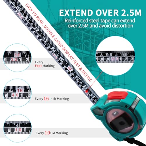Tape Measure 5 m Self-Locking Shockproof Tape Measure with Metric & Inch Scale, Accuracy Class II, 25 mm Wide, Robust Measuring Tape & Ruler for DIY and Carpenters (25 mm, 5 m / 16.5 ft) 5m/16.5ft