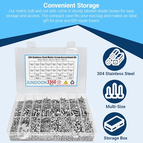 3360Pcs Metric Machine Screw Assortment Kit, M2 M3 M4 M5 304 Stainless Steel Hex Socket Button Head Bolts and Nuts Kit with Lock Washers & Flat Washers Set 3360 Button Head M2 M3 M4 M5