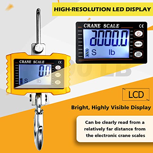 YATOINTO 2200lb Digital Crane Scale High Precision Heavy Duty Industrial Hanging Scale with Remote Control Aluminum Case CE Certified Electronic Weighing Crane Scale, for Garage Farm Hunting Fishing S-2200LBS-Yellow