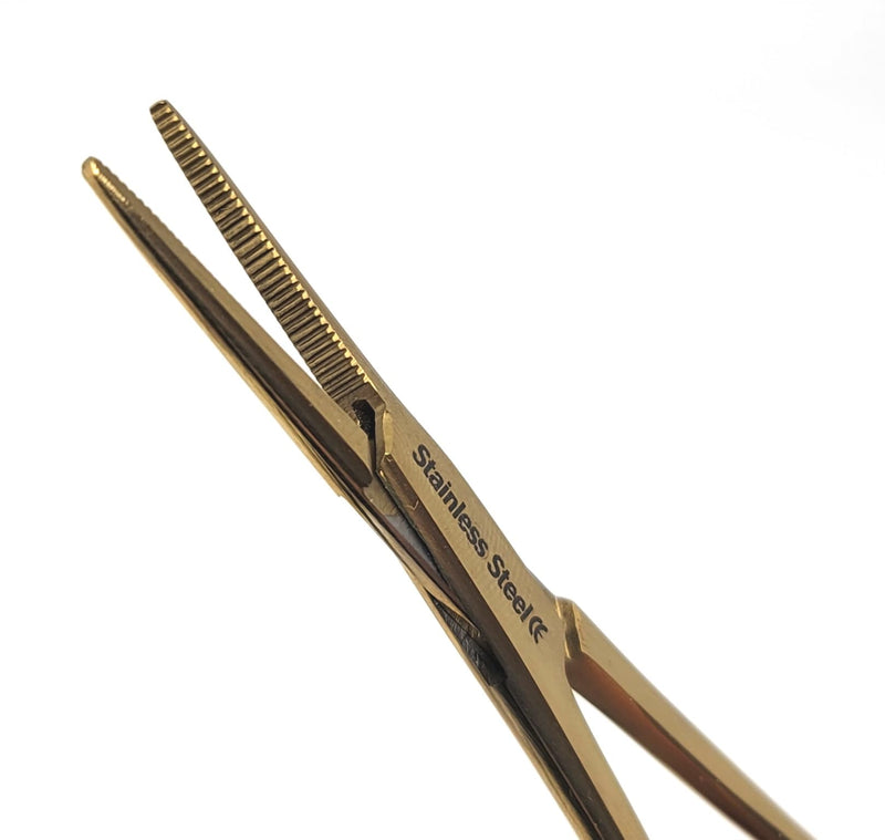 Mosquito Hemostat Locking Forceps 5" Straight with Full Serrated Jaws Ideal for Clamping, Fishing, Firefighters Nurses Doctors + More (Full Gold) Full Gold