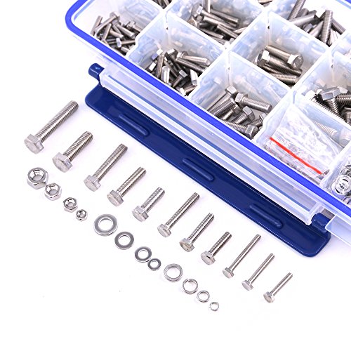 Glarks 665Pcs M3 M4 M5 M6 Stainless Steel Flat Hex Head Screws Bolts Nuts and Flat Gasket Spring Washers Assortment Set