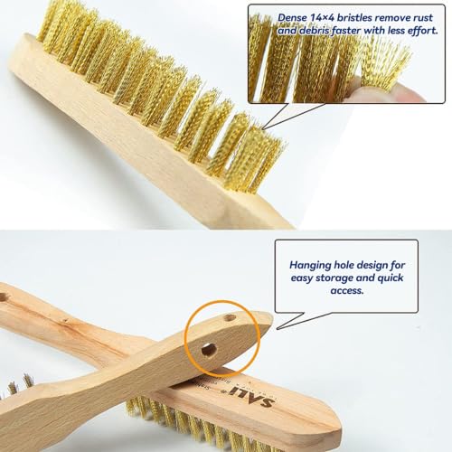 SALI Wire Brushes for Cleaning Rust Removal Plated Copper Bristles Tool for Automotive,Paint , Welding Slag,Grill,Household Clean 11" Long Curved Beechwood Handle , 14X4 Rows Bristles Pack of 12