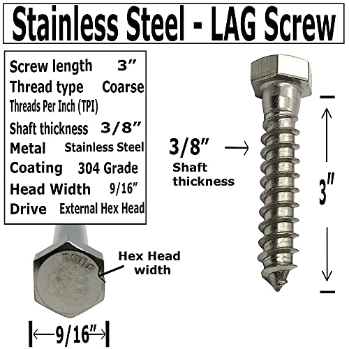 3/8" X 3" - 304 Grade Stainless Steel lag screws, Hex head fasteners, stainless steel screw. Use as Construction, wood, metal, lag screw or mounting screws fasteners lag bolts. Heavy duty screws. (50)