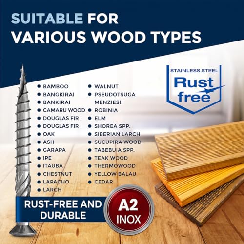 #10-2-3/8″ Deck Screws 5x60 Stainless Steel A4 Exterior Rust Resistant Screw 5mm Strong 250 Piece Wood Screws Torx 60mm Long Wood Srew incl. 1x Torx Bit 60 mm ≈ 2.36 in