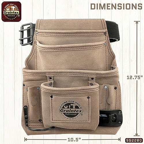 Graintex SS2280 10 Pocket Nail & Tool Pouch Beige Color Suede Leather with 2” Leather/Webbing Belt for Constructors, Electricians, Plumbers, Handymen, Standard