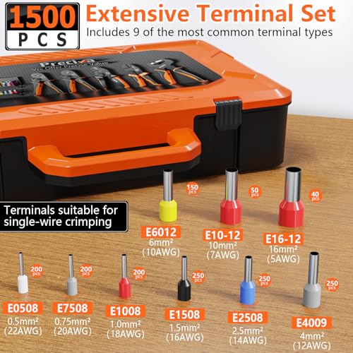 Preciva Hexagonal Ferrule Crimper, AWG 28-5 Self-Adjustable Ratchet Ferrule Crimping Tool Kit with 1500Pcs Wire Ferrule Terminals Connectors