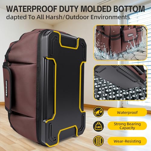 16-Inch Tool Bags For Men Heavy Duty, 29 Pockets Large Tool Organizer Bag with Hard Plastic Bottom & Waterproof Oxford, Electrician Tool Bag for HVAC Mechanic Contractor Construction Work Brown 16 Inch