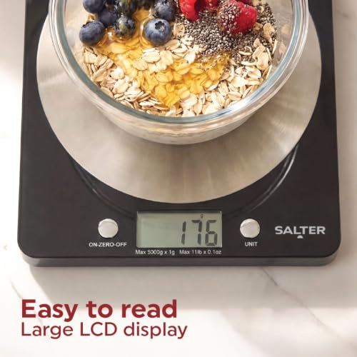 Salter 1036 BKSSDR Digital Kitchen Scale – Cooking & Baking Scales for Food Weight, Stainless Steel Weighing Platform, 5KG Capacity, Tare Function, Large LCD Easy Read Display, Measure Liquids, Black