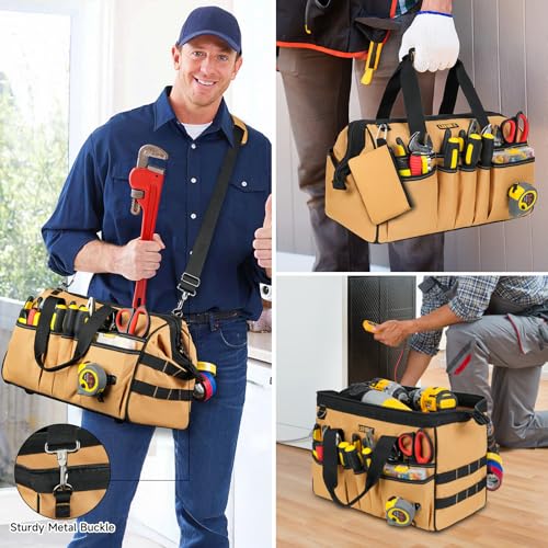 15-Inch Tool Bag,38 Pockets Tool Bags for Men,Heavy Duty Tool Box Organizer Storage,Wide Mouth Toolbag Tools Tote Carrying Case for Dad,Mechanic,Electrician,Brown,Bag Only