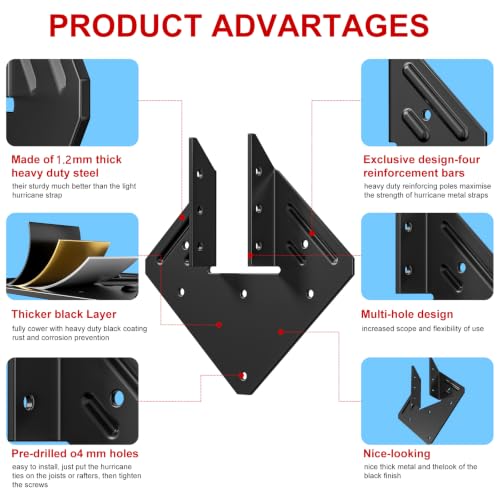 Black Hurricane Ties for Rafter 10 PCS ，16 Gauge 1.2mm，Heavy Duty Joist Hangers for Roofing Trusses Wood，Roofing Trusses 120 Screws Black