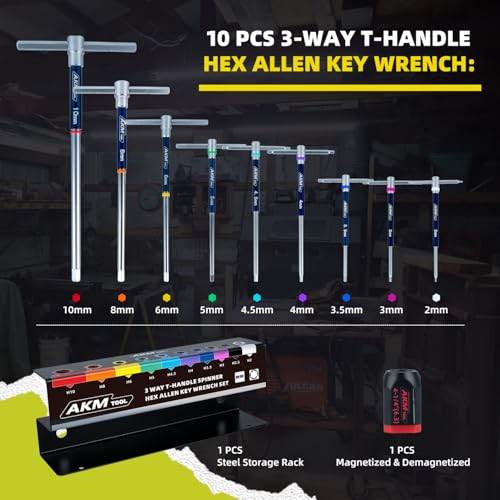 11 Pcs 3-Way T-Handle Hex Allen Key Wrench Set, Metric, 2mm-10mm, Sliding Handle, Allen Wrench Set with Magnetized & Demagnetized, for Versatile Speed And Leverage Application 11 Pcs 3-Way T-Handle Hex Wrench Set