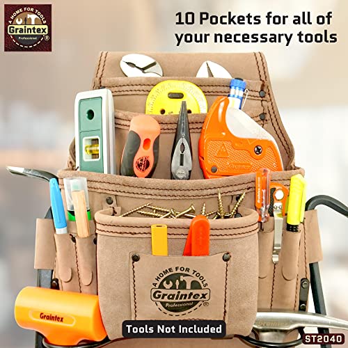 GRAINTEX ST2040 10 Pocket Nail & Tool Pouch Natural Top Grain Leather for Framers, Constructors, Electricians, Plumbers, Handyman