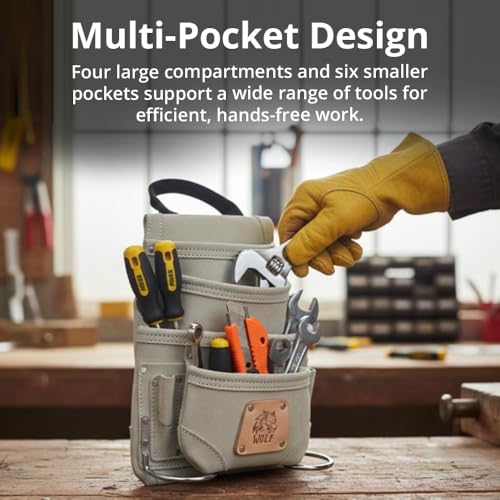WOLF WTH2142I Heavy-Duty Genuine Reversed Leather 10-Pocket Tool Bag | Bolsa Cuero Para Hombres | Contractors Carpenters Handyman | Tool bag for Men | Bolsa de Trabajo de Cuero | Grey Suede