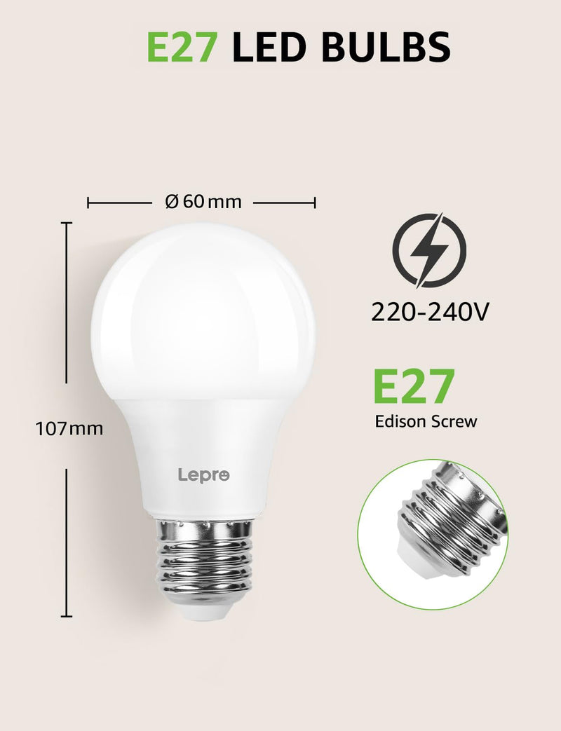 Lepro 8.5 W E27 LED Warm White, 806LM 2700K Light Bulb E27 | Non-dimmable, 180° beam angle E27 bulb, replaces 60 W bulbs, A60 bulbs, pack of 6 2-Warm White