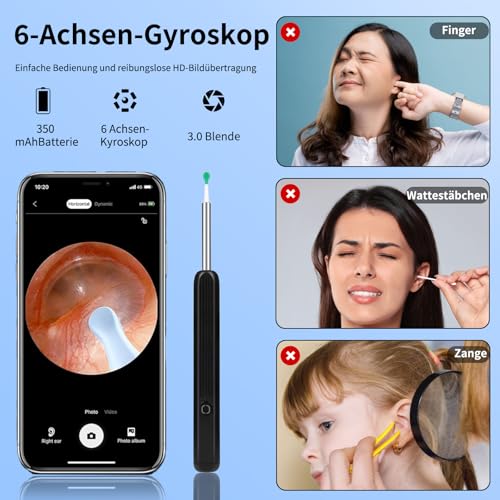 Miluna Ear Cleaner, OIP67 Waterproof Ear Clear with 6 LEDs, Miluna Pro Ear Cleaner with 1080P HD WiFi Camera, Ear Wax Remover Otoscope for iPhone, iPad and Android Smartphones Black