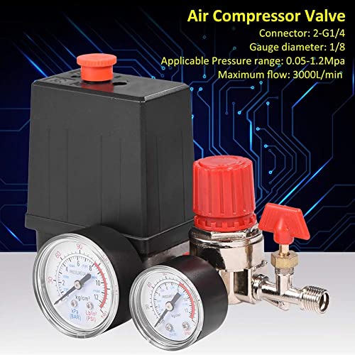Air Compressor Pressure Valve Switch, 2-G1/4 Connector 0.05-1.2Mpa Air Compressor Pressure Switch Control Valve with G1/8 Gauge 3000L/Min Maximum Flow Air Compressor Regulator