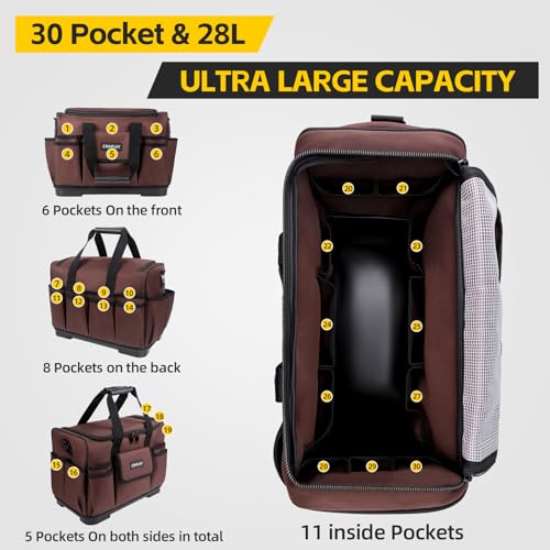16-Inch Tool Bags For Men Heavy Duty, 29 Pockets Large Tool Organizer Bag with Hard Plastic Bottom & Waterproof Oxford, Electrician Tool Bag for HVAC Mechanic Contractor Construction Work Brown 16 Inch